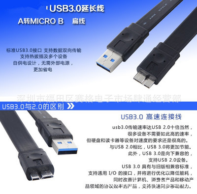 【USB3.0扁平数据线 A公转MICRO B线 MICRO短线扁平线 50厘米 1米】价格,厂家,图片,手机数据线,深圳市福田区赛格电子市场肆通经营部-
